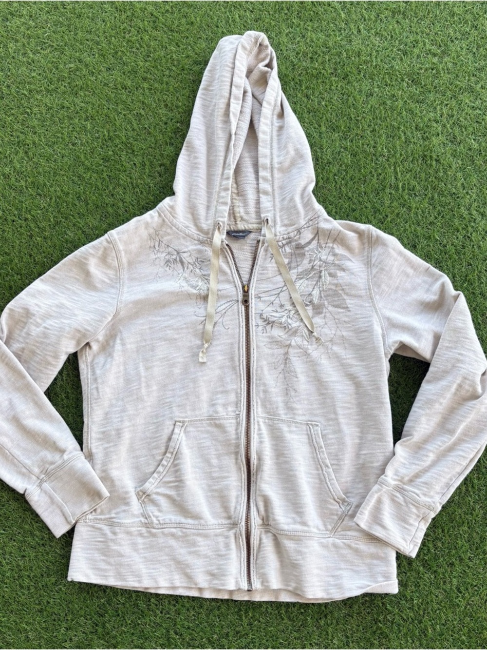 Eddie Bauer Floral Graphic Zip Up Hoodie Beige Large